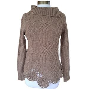Anthropologie Moth Brown Turtleneck Cowl Wool Sweater Small Crochet Boho